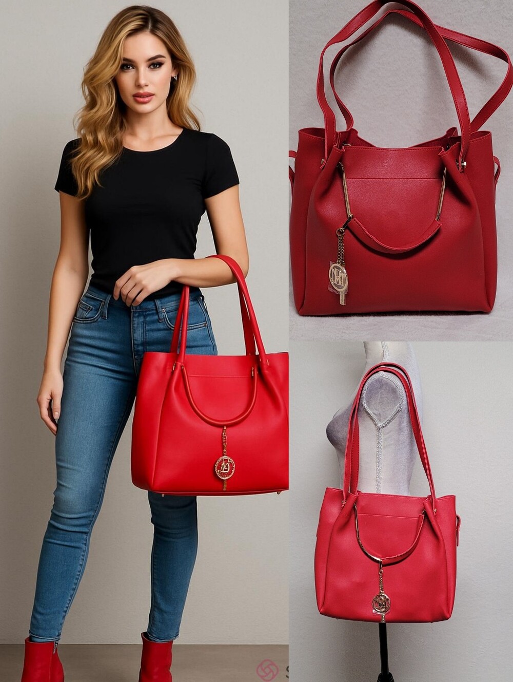 Badgley Mishka Large Red Faux Leather Gold Accent Shoulder Crossbody Tote Bag